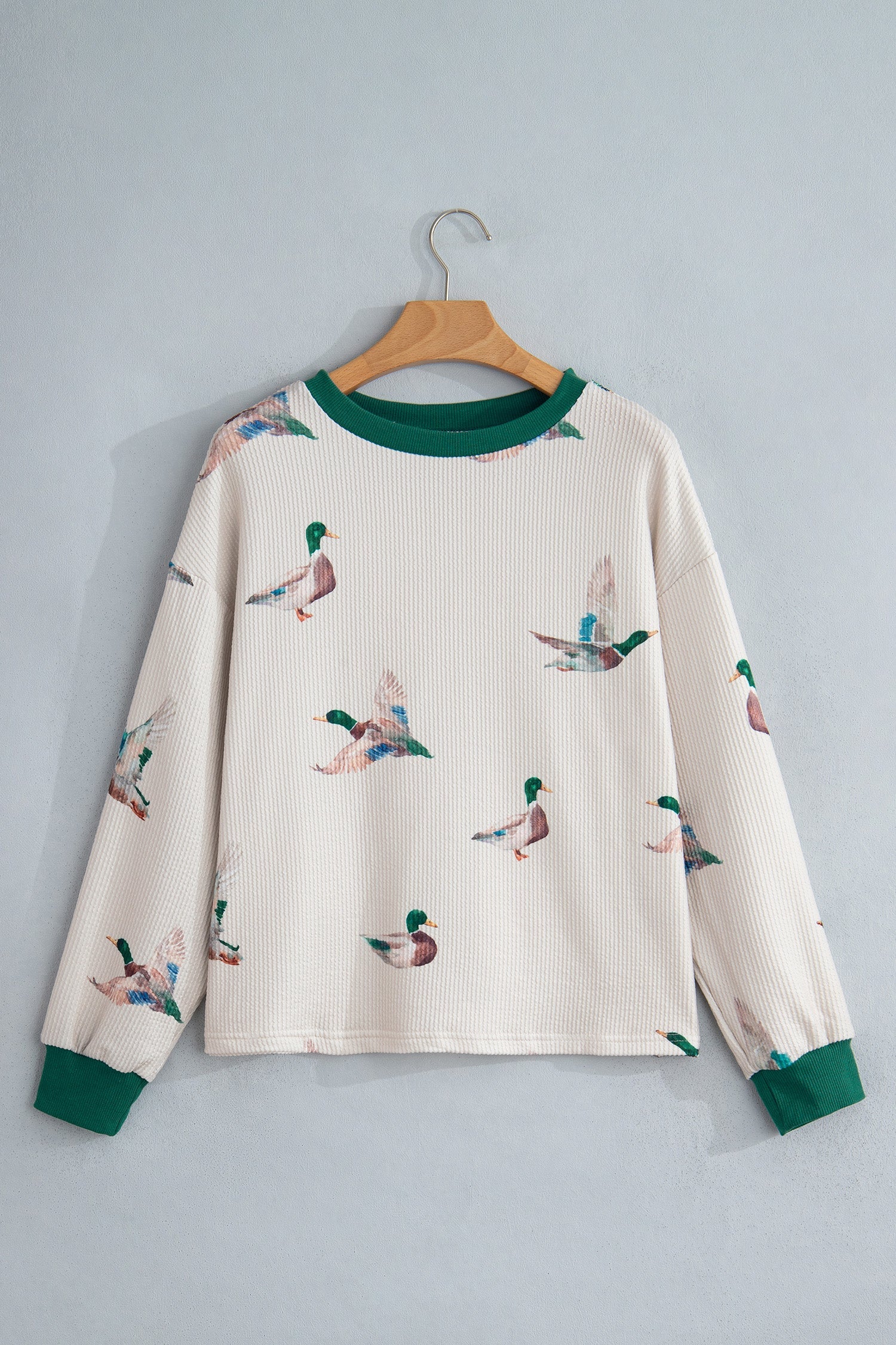 Mallard Duck Corded Knit Crew Neck Pullover Top