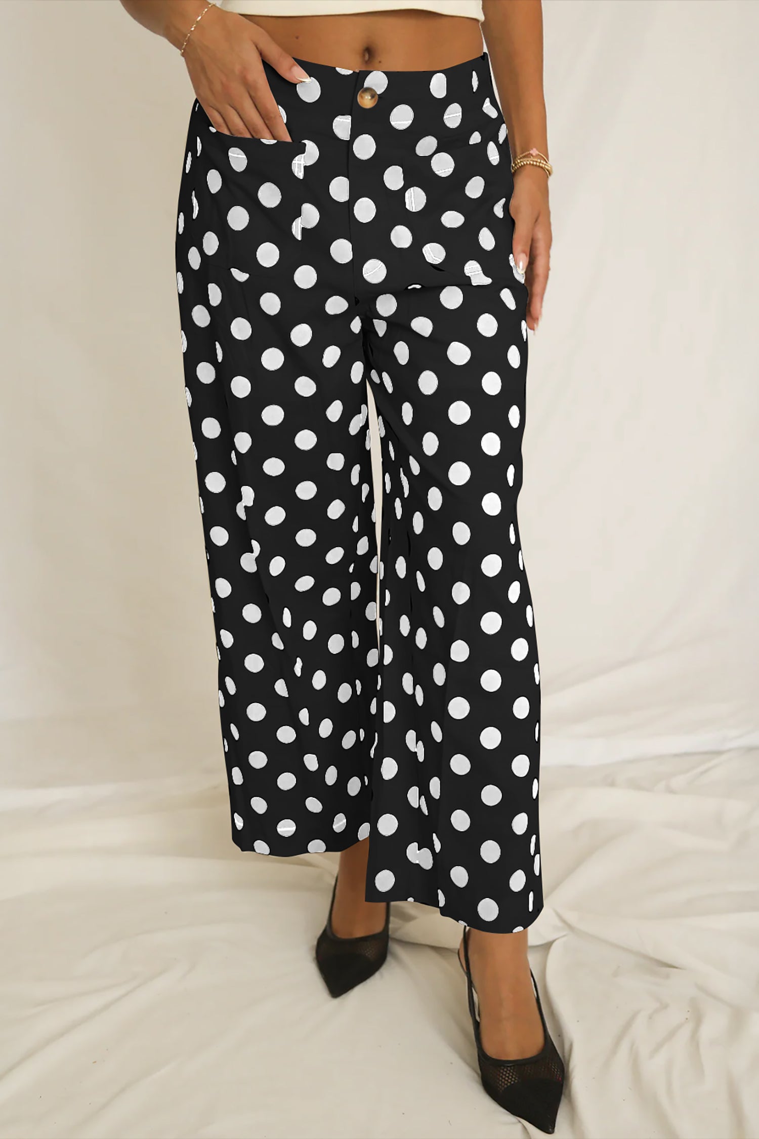 Polka Dot Patch Pocket Straight Leg Pants