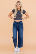 Denim Frayed Hem Cropped Straight Leg Jeans