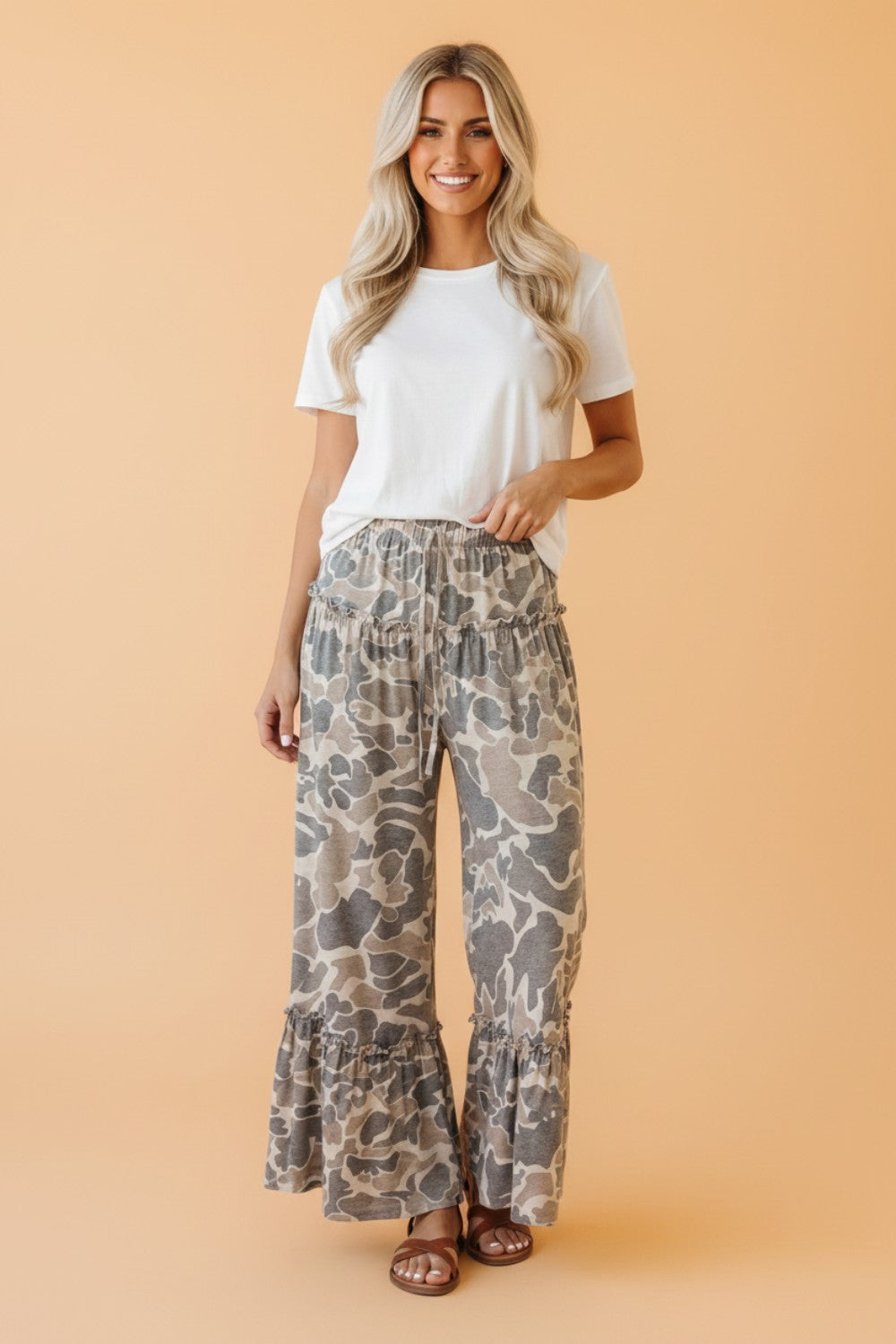 Abstract Leopard Ruffle Tiered Wide Leg Pants