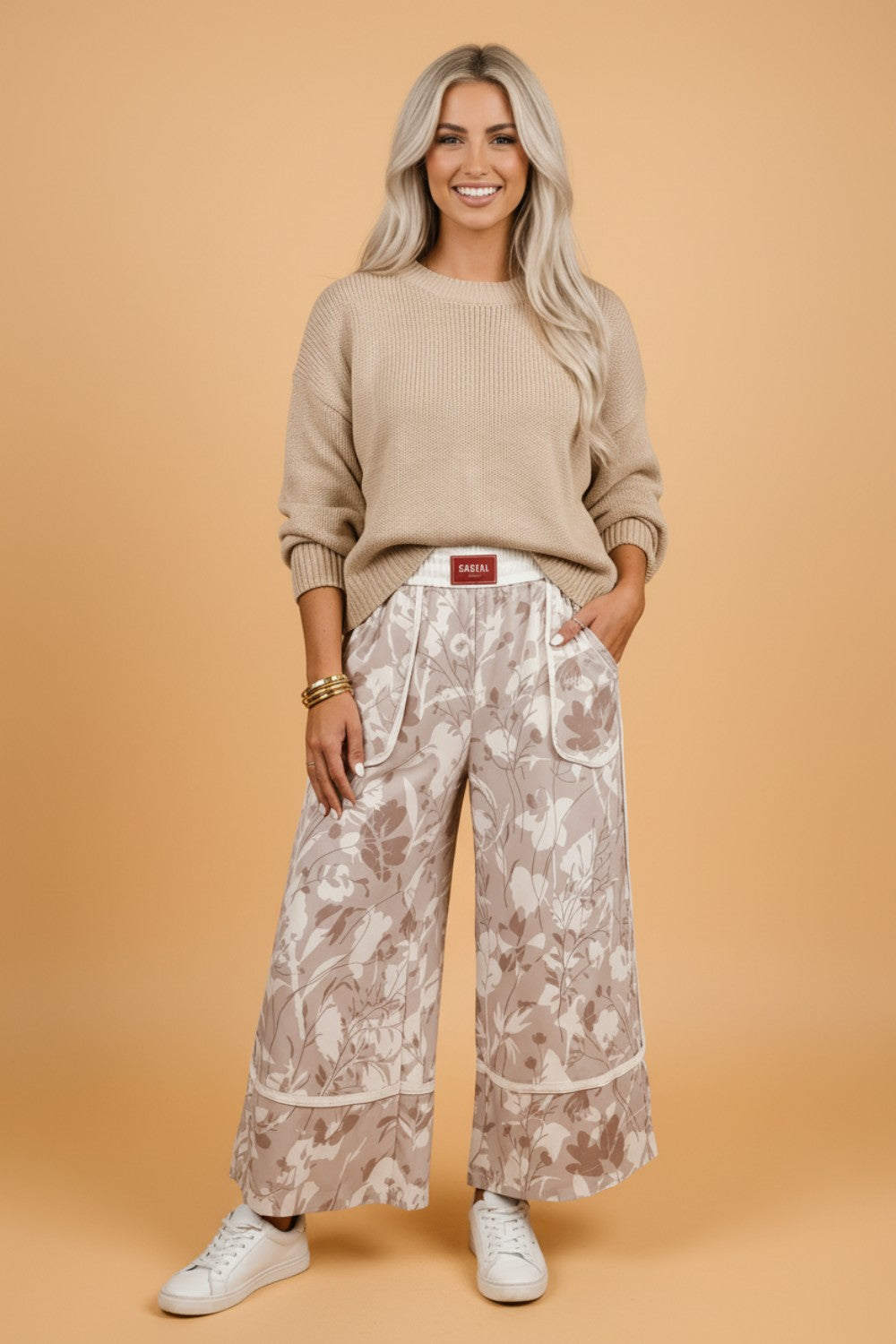 Floral Camo Elastic Waist Wide Leg Pants
