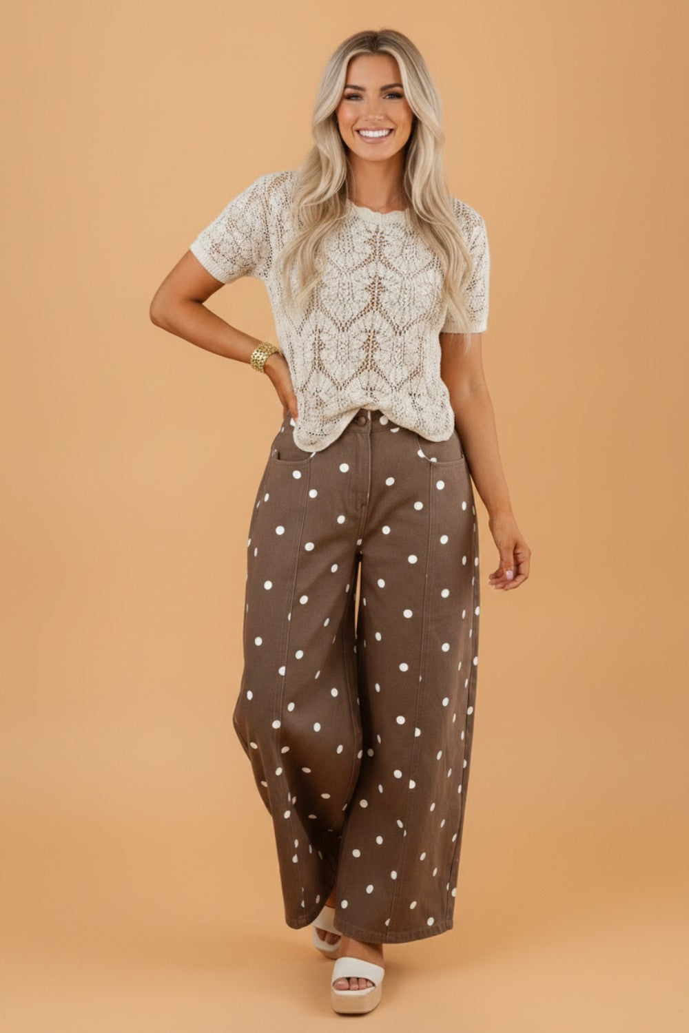 Polka Dot Denim Tailored Seam Barrel Leg Jeans