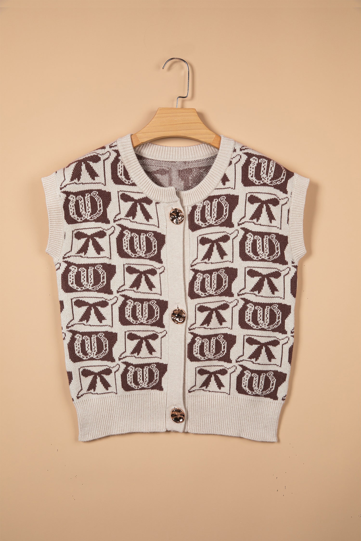 Western Horseshoe Bow Pattern Button Front Sleeveless Knit Top