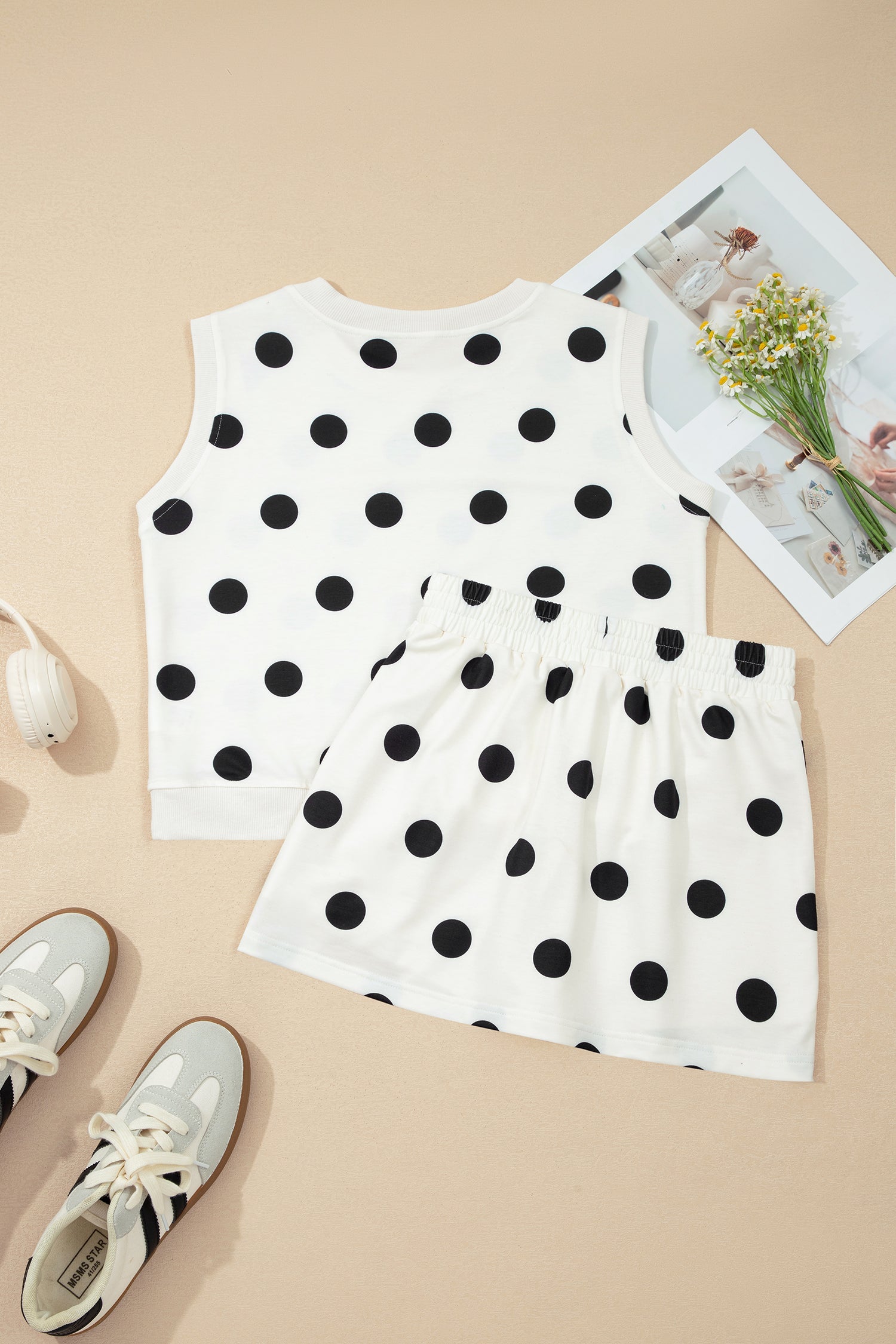 Polka Dot Ribbed Trim Tank & Mini Skort Set