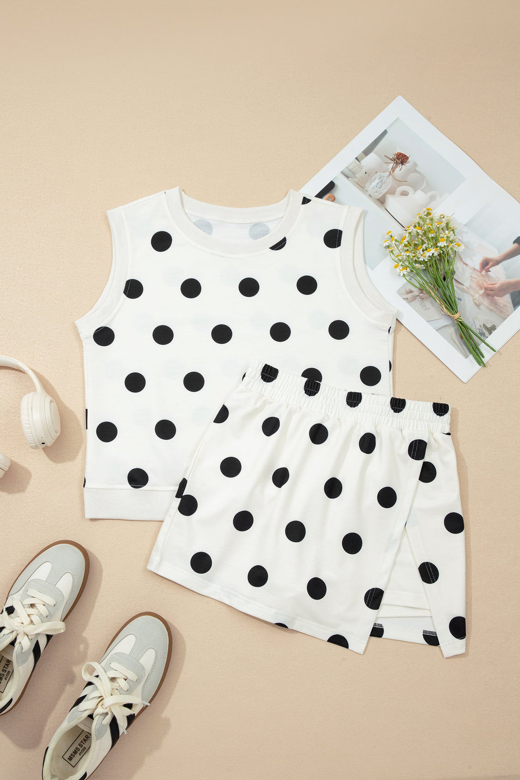 Polka Dot Ribbed Trim Tank & Mini Skort Set