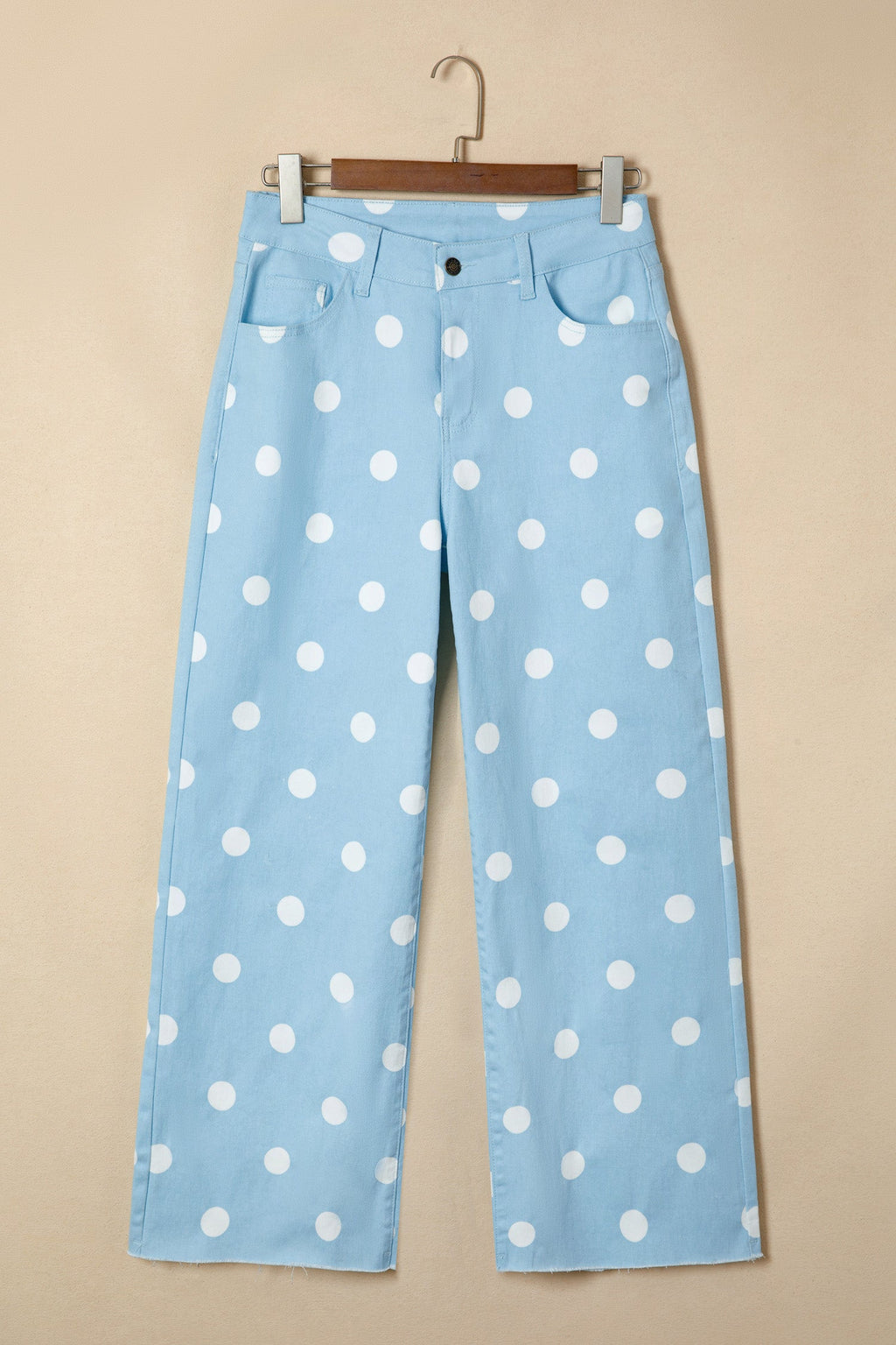 Polka Dot Denim Raw Hem High Waist Jeans