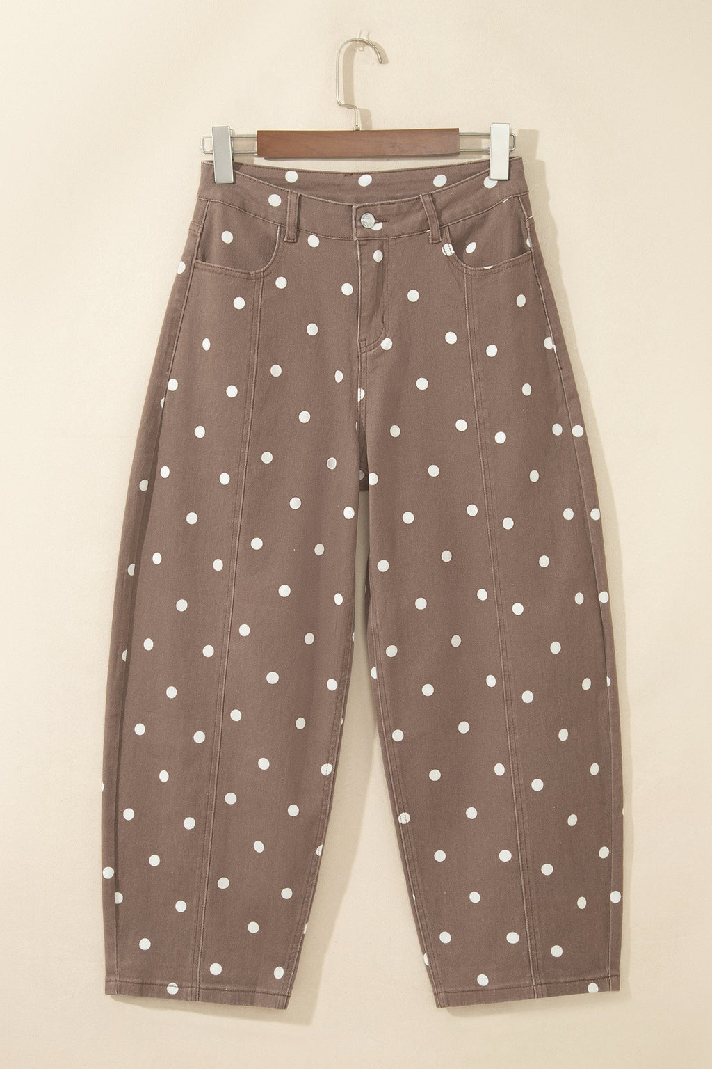 Polka Dot Denim Tailored Seam Barrel Leg Jeans