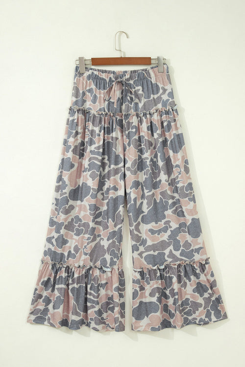Abstract Leopard Ruffle Tiered Wide Leg Pants