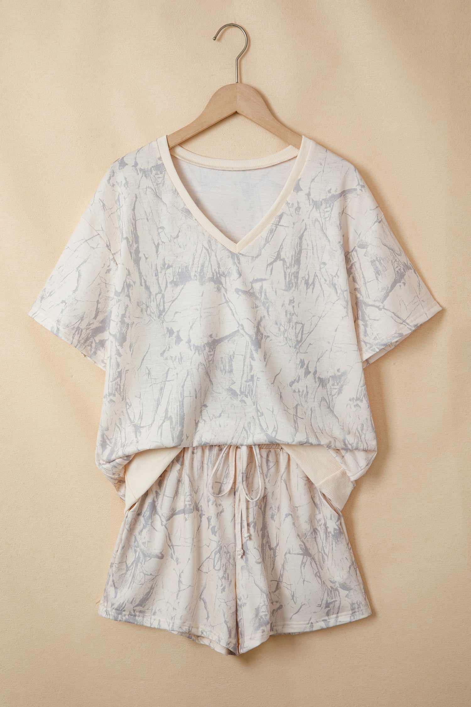Camo V-Neck Loose Tee & Drawstring Shorts Set