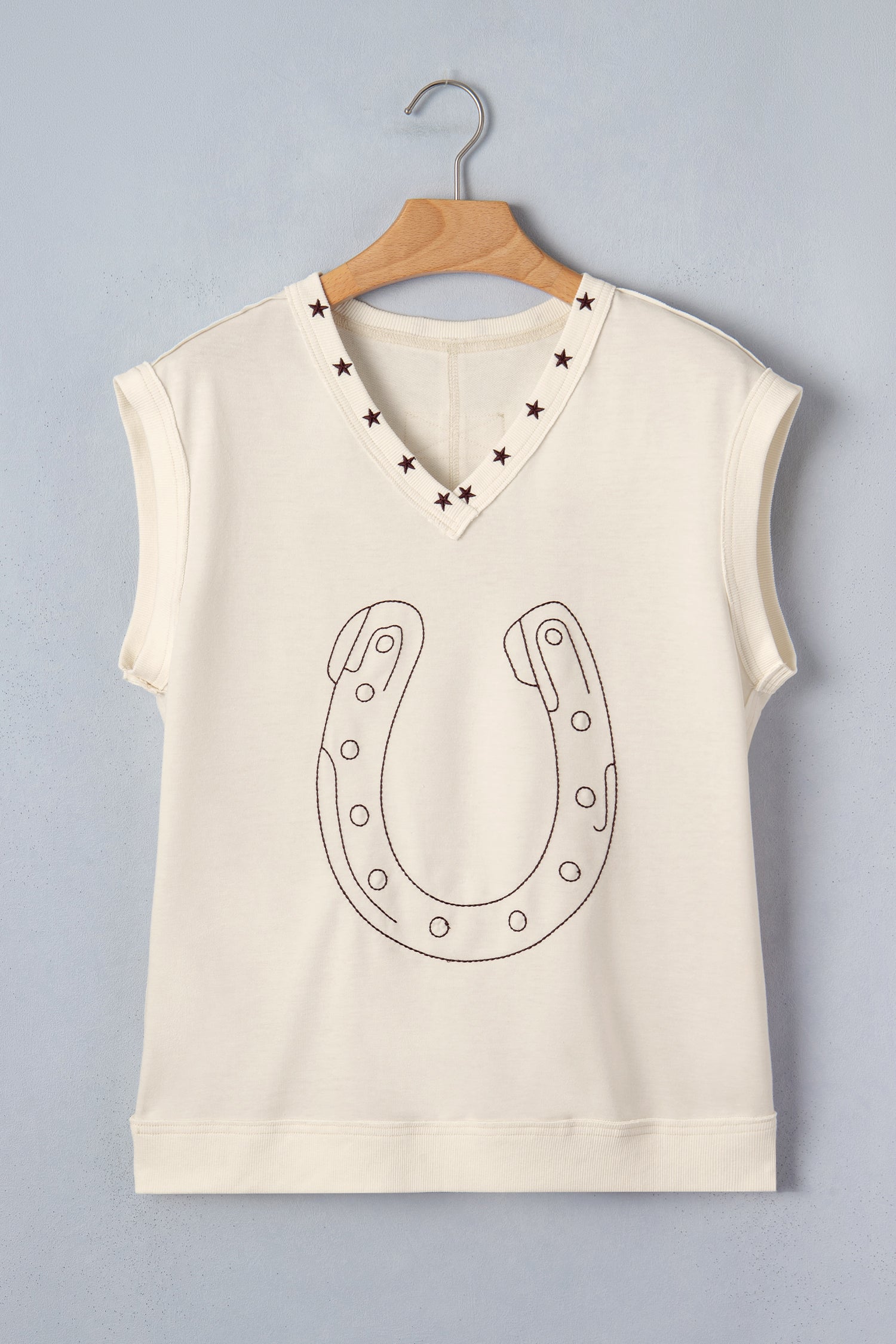 Embroidered Horseshoe Star Trim V-Neck Tank Top