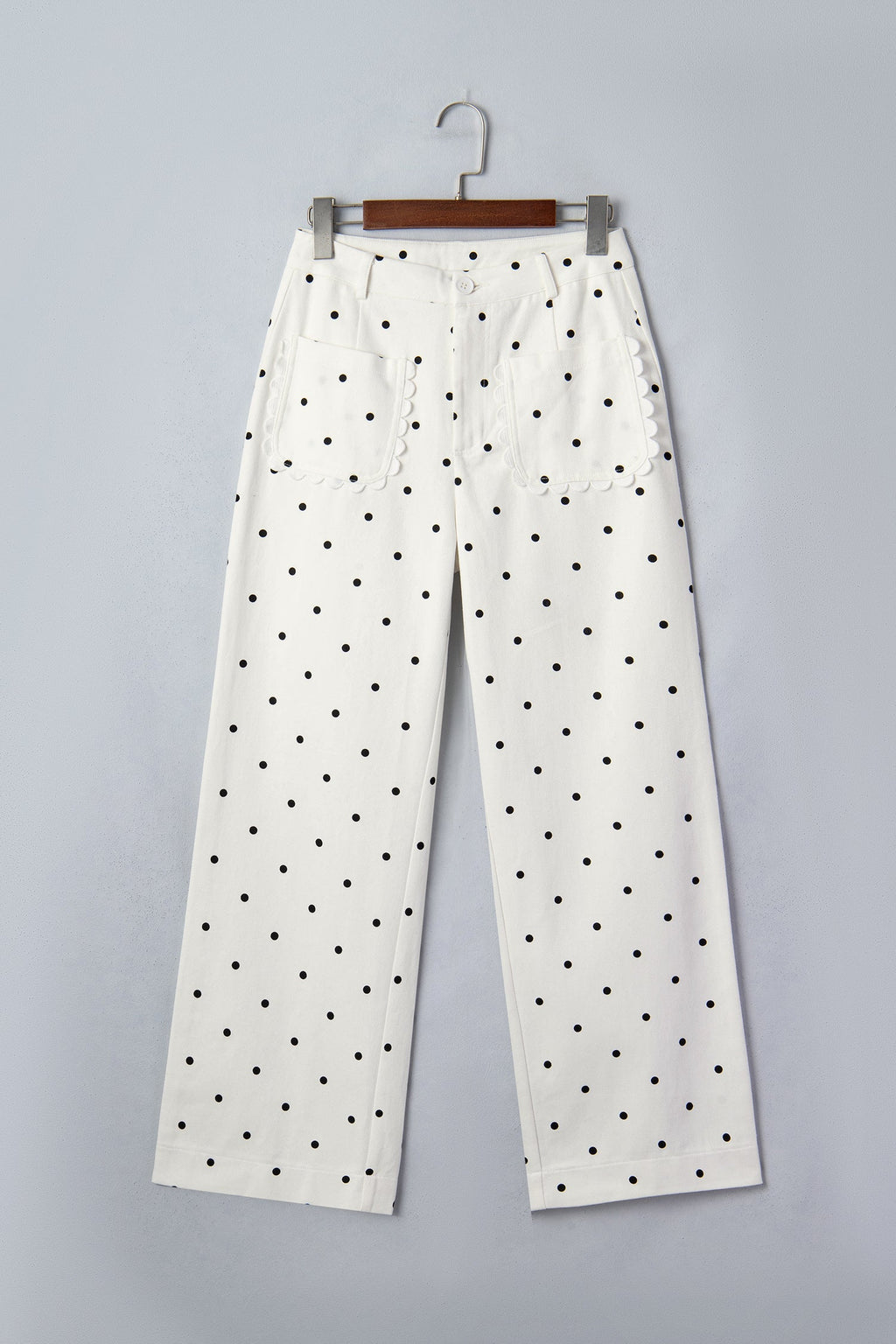 Polka Dot Denim Scalloped Patch Pocket Pants
