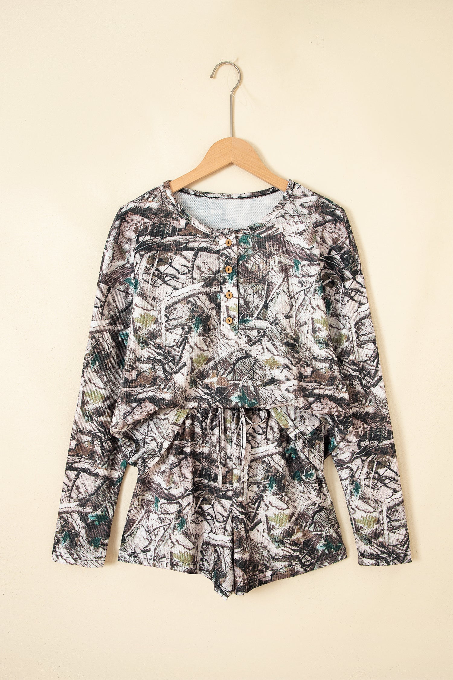Camo Long Sleeve Top & Elastic Waist Shorts Set