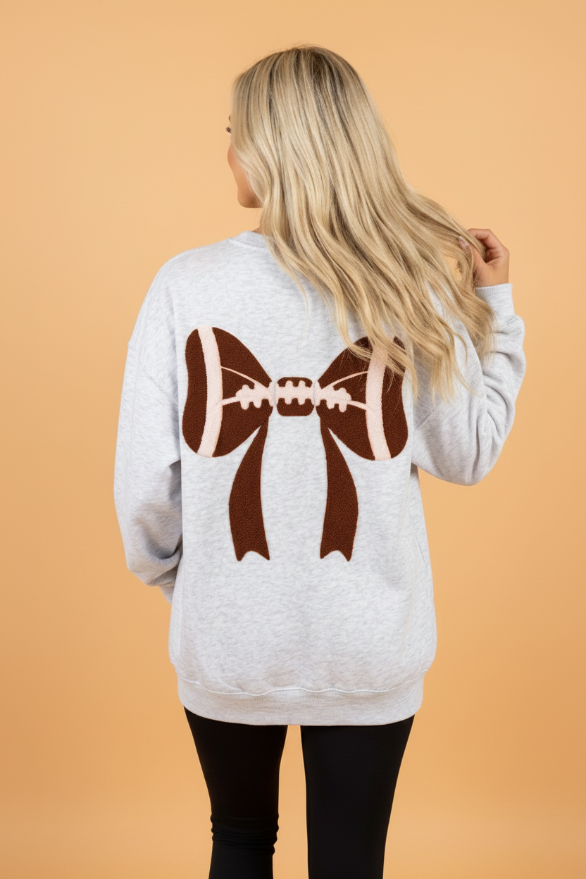 Game Day Football Bow Chenille Patch Oversized Sweatshirt