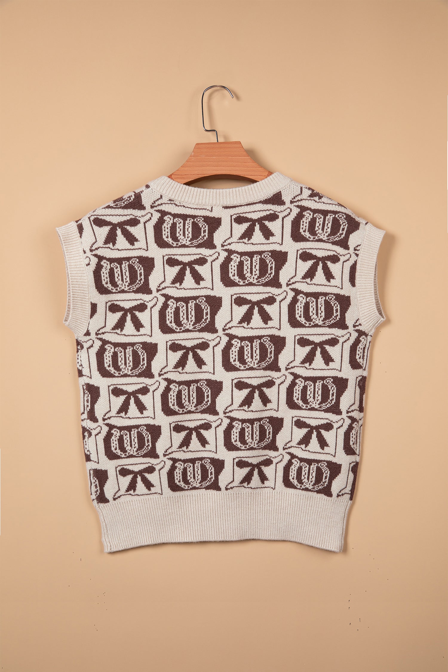 Western Horseshoe Bow Pattern Button Front Sleeveless Knit Top