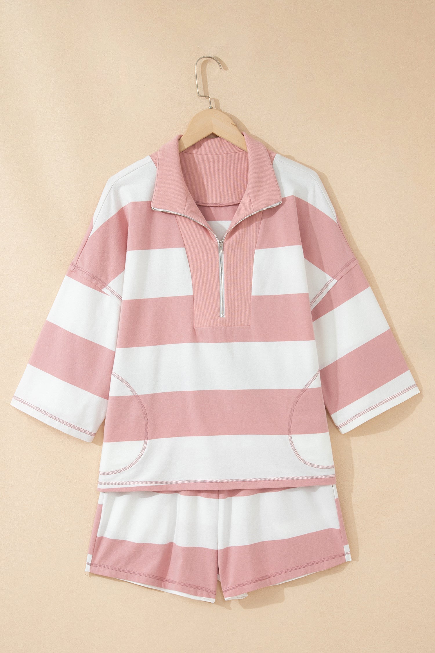 Stripe Half Zip 3/4 Sleeve Top & Shorts Set