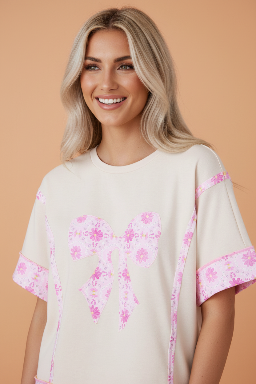 Floral Daisy Bow Patchwork Short Sleeve T-Shirt