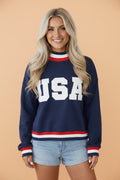 USA Slogan Patch Embroidery Colorblock High Neck Sweatshirt
