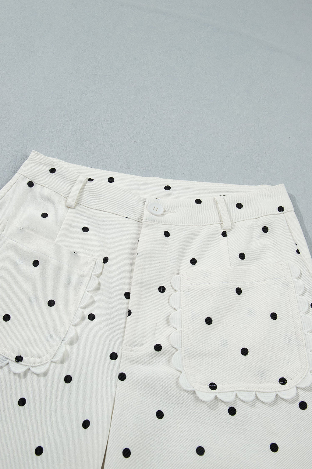 Polka Dot Denim Scalloped Patch Pocket Pants